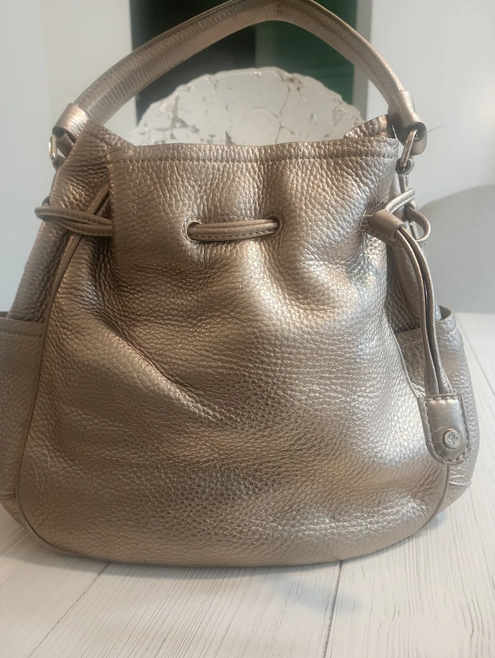 Cole Haan Metallic Pebbled Leather Drawstring Bucket Bag - Picture 2 of 6